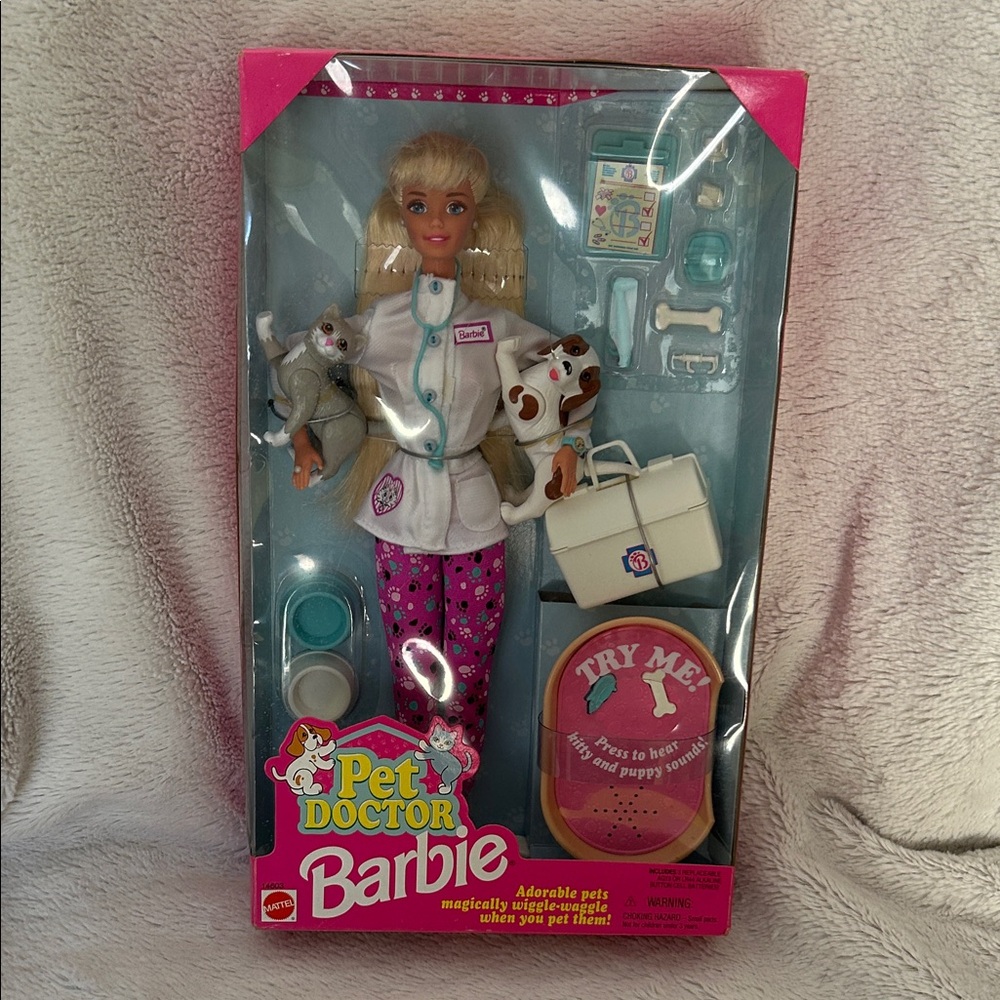 Vintage 1996 Mattel Barbie Pet Doctor Doll Pink White Teal
